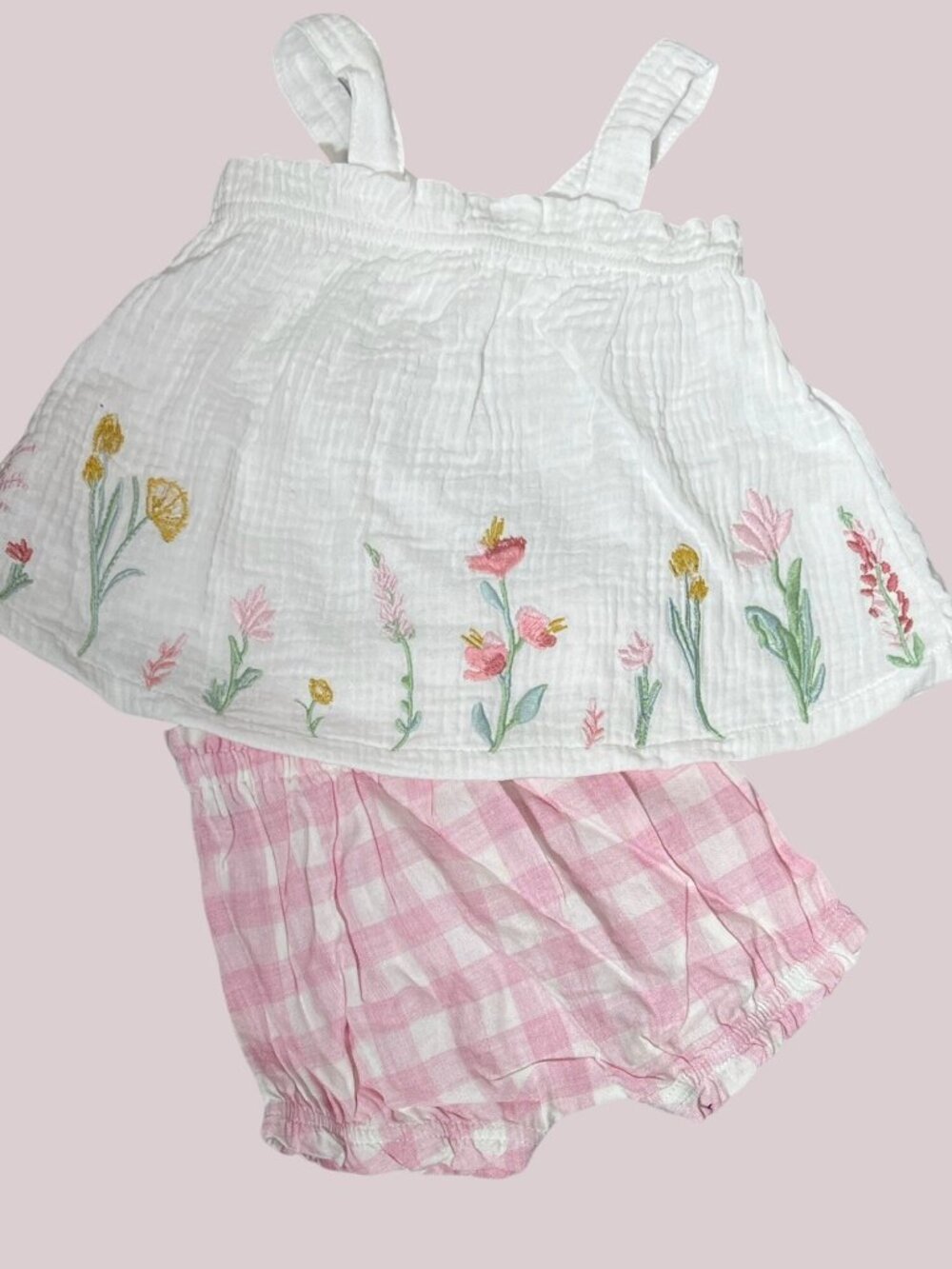 Mud Pie 3-6m NWOT cotton gauze pinafore bloomer set floral gingham embroidery